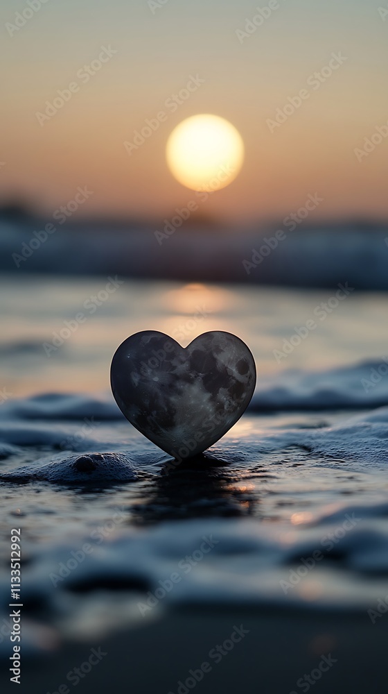 Fototapeta premium Heart-shaped beach illuminated by full moon night photos