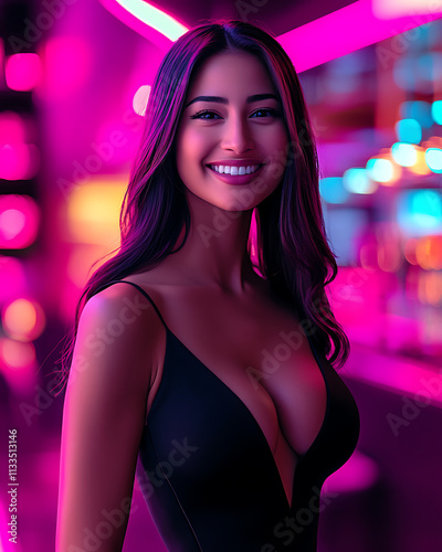 A confident woman with long hair stands smiling wearing a dress at a night club, surrounded by vibrant neon lights in a lively nighttime environment.