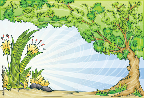 grass and flower under the tree with bright blue background vector illustration