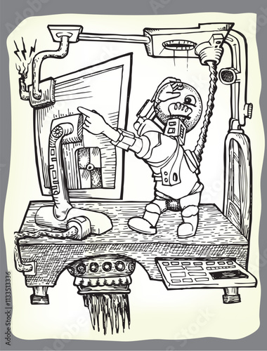 Cute small robot on the table, have maintenance for desktop monitor hand draw illustration