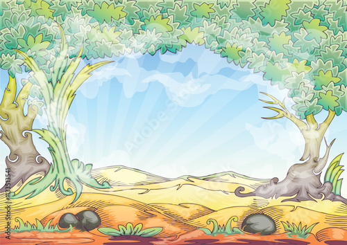 cartoon landscape background with smoky and bright blue sky background hand draw illustration for animation, film, and cartoon comic pupose