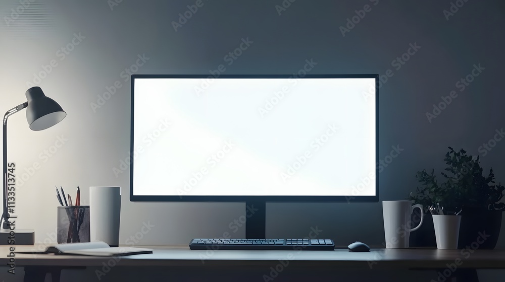 Modern workspace with a blank monitor and desk accessories during evening hours Modern workspace with a blank monitor and desk accessories during evening hours