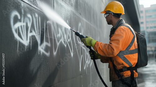 A construction worker sprays a high-pressure jet across a graffiti-stained wall, erasing the markings and restoring the smooth facade.