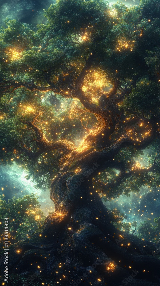 Fototapeta premium A mystical tree illuminated with glowing lights, set in a serene, enchanting environment.