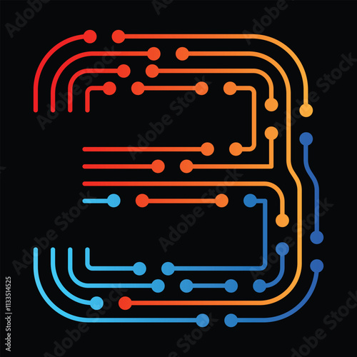 Number three made with electronic circuit lines and dots