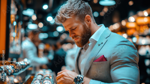 A handsome man wearing a formal grey suit is choosing a luxury and elegant watch in a department store.