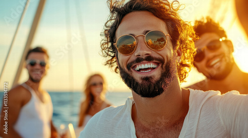 A group of smiling friends on a boat enjoy a sunlit day, embodying the joy and camaraderie of shared adventures and the warmth of summer. photo