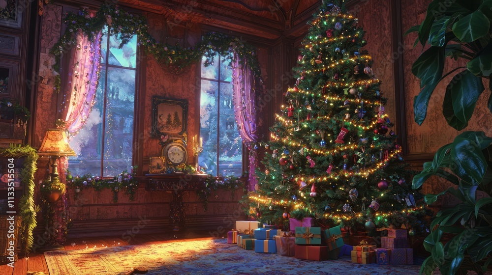 Fototapeta premium Festive Family Fun: Cheerful Christmas Tree Decoration in Photorealistic Artwork