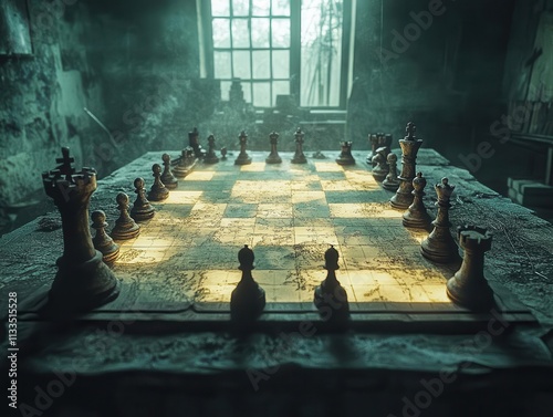 A dimly lit strategy room where one side clearly dominates after a decisive gambit, glowing maps showing progress