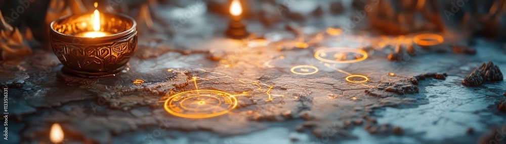 Naklejka premium A serene strategy table where a sacrifice is carefully planned, glowing diagrams reflecting the depth of thought