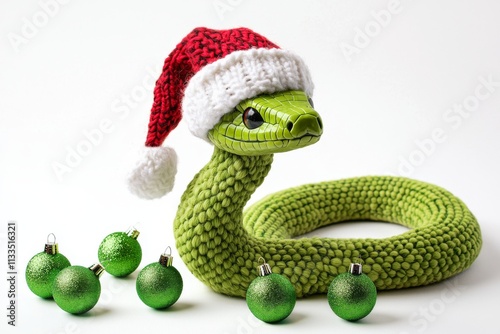 A charming and vibrant knitted toy snake donning a festive Santa hat, ideal for holiday decor or presents. photo