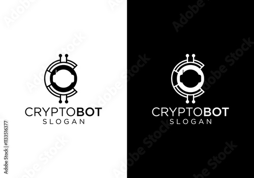 Cryptocurrency Stock Forex Auto Trading Bot Logo Design. Modern Digital Trading Robot Technology.