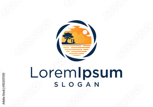 Nature landscape logo design. Digital camera and lens in the form of sun and water vector design.