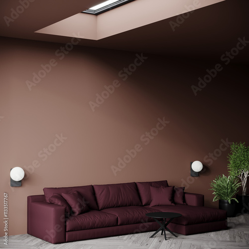 Modern living room with sofa in plum mauve color. Accent tone 2025 mocha mousse chocolate walls. Minimalistic interior design lounge. 3d render