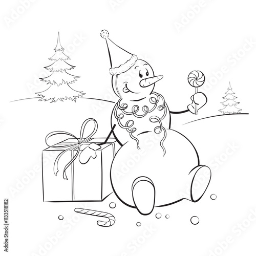 Graphic Christmas linear illustration with snowman and candies