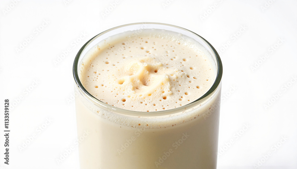 Close-up of creamy milkshake topped with foam in glass on white background Close-up of creamy milkshake topped with foam in glass on white background