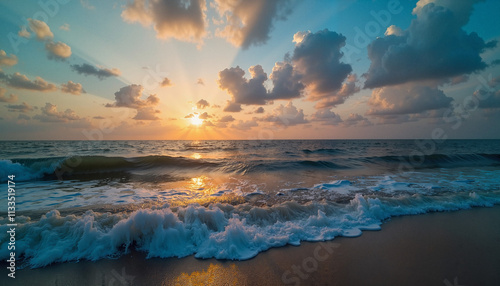 breathtaking seascape at sunset with rolling waves and dramatic clouds photo