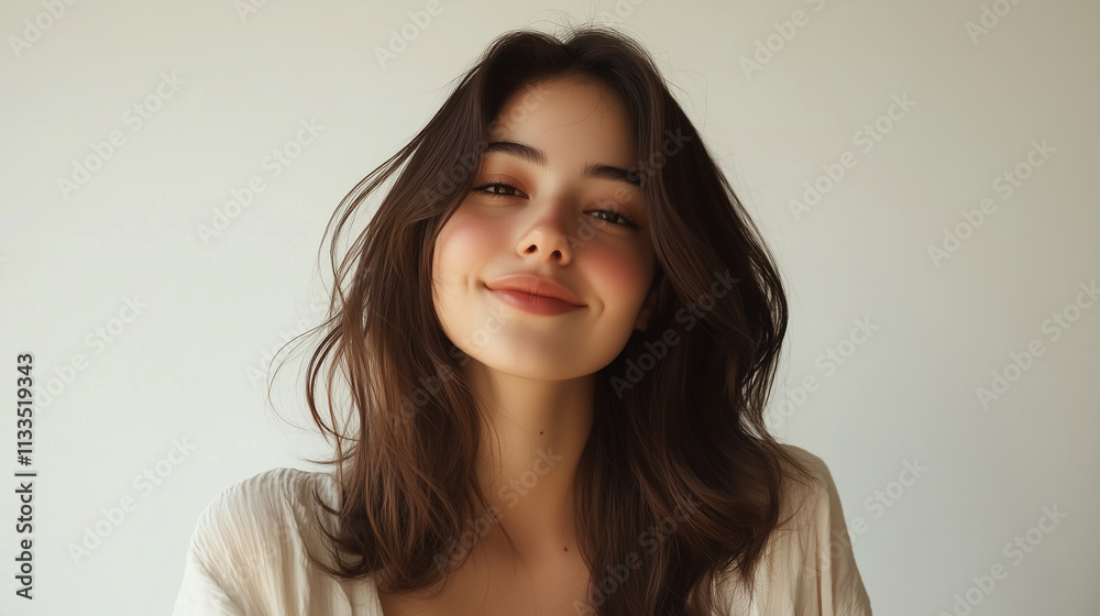 Fototapeta premium A young Latina woman smiles softly while straightening her shiny brown hair, the minimalist white backdrop enhancing her natural beauty.