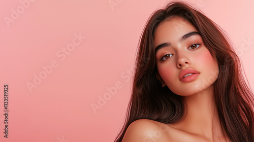 A confident Latina woman gently straightens her smooth brown hair with a modern straightener, set against a warm pastel background.
