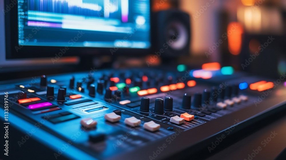 A close-up of a music production console with colorful controls. A close-up of a music production console with colorful controls.