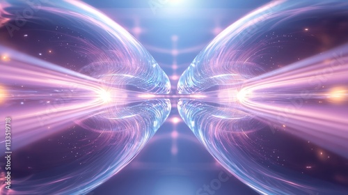 Enigmatic Beauty of Quantum Mechanics: Photorealistic Double-Slit Experiment Illustration with Interference Pattern in Blue and Purple Glow photo