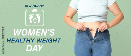 Overweight woman in tight jeans on green background. Excess weight concept photo