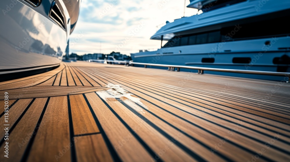 Fototapeta premium A detailed shot of a luxury yacht's wooden deck, emphasizing the smooth woodwork and craftsmanship. The scene includes other docked boats, providing a sophisticated view of life on the water.. AI