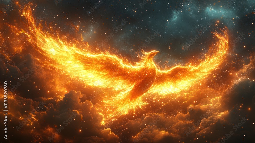 Fiery phoenix soars through cosmic clouds. Fiery phoenix soars through cosmic clouds.