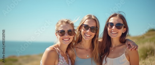 Three girls in summer against the background of nature.