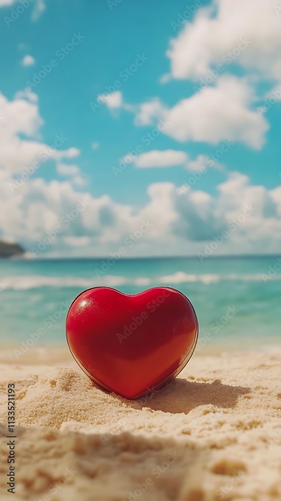 Fototapeta premium Red heart shape golden sandy beach image