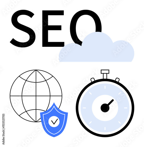 SEO with stopwatch globe cloud, and security badge focuses on speed, security, global reach, and cloud solutions. Ideal for digital marketing, web development, online presence, business growth