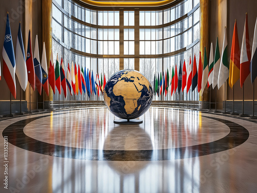 Globus im Innenraum umgeben von internationalen Flaggen

 photo