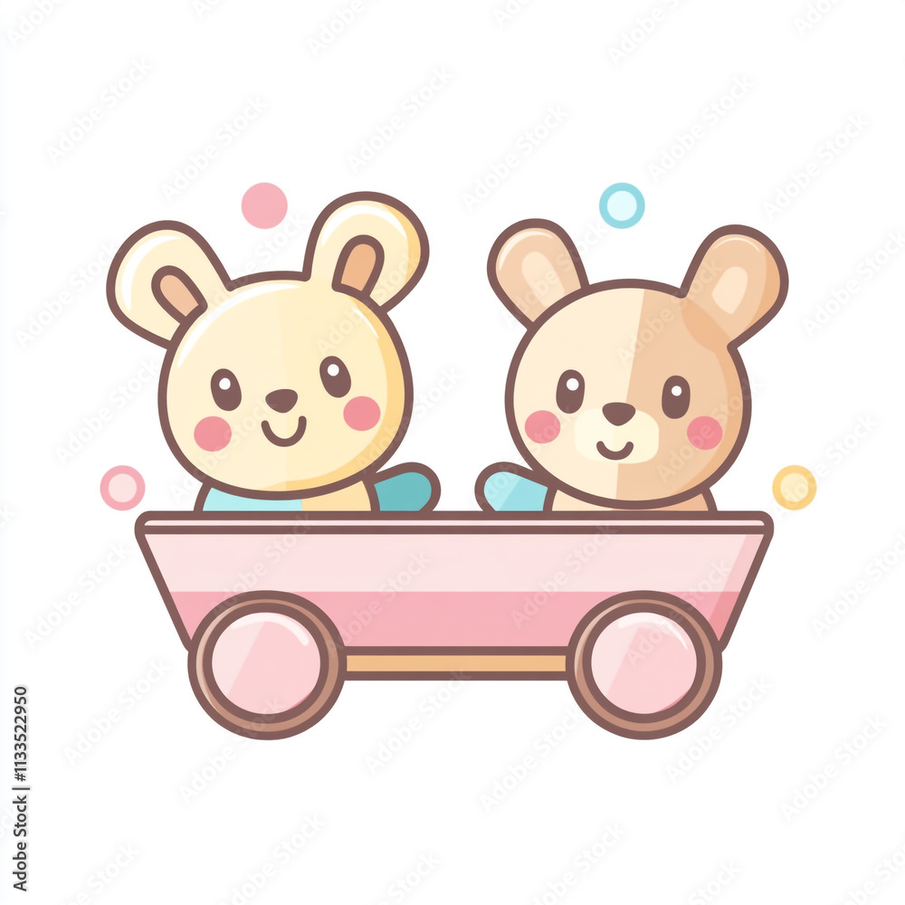 Fototapeta premium A simple icon of two stuffed animals in the back seat of an open wagon. 