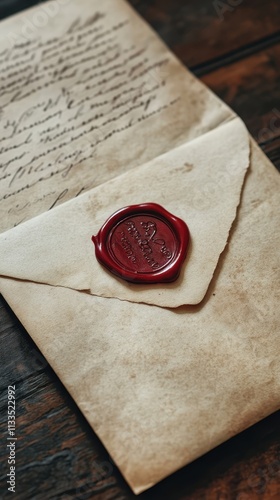 Antique Handwritten Letter with Red Wax Seal and Aged Paper on Rustic Wooden Surface, Perfect for Historical Themes, Romance, Vintage Communication, and Nostalgic Storytelling