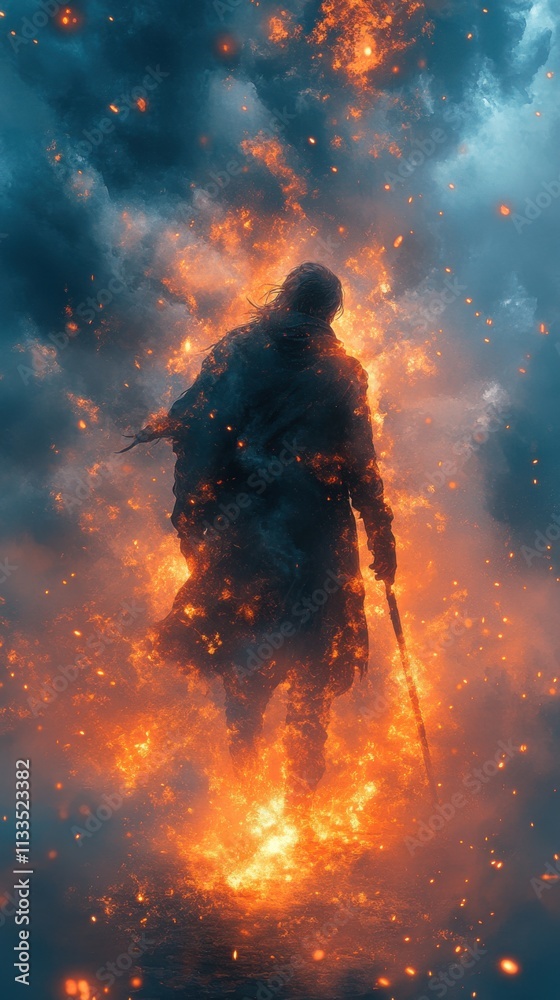 A silhouetted figure emerges from flames, creating a dramatic, fiery atmosphere. A silhouetted figure emerges from flames, creating a dramatic, fiery atmosphere.
