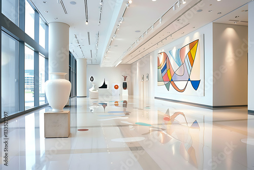 modern artistic interiors, modern hallway features abstract sculptures and vivid murals against sleek, reflective surfaces, enhancing artistic flair photo