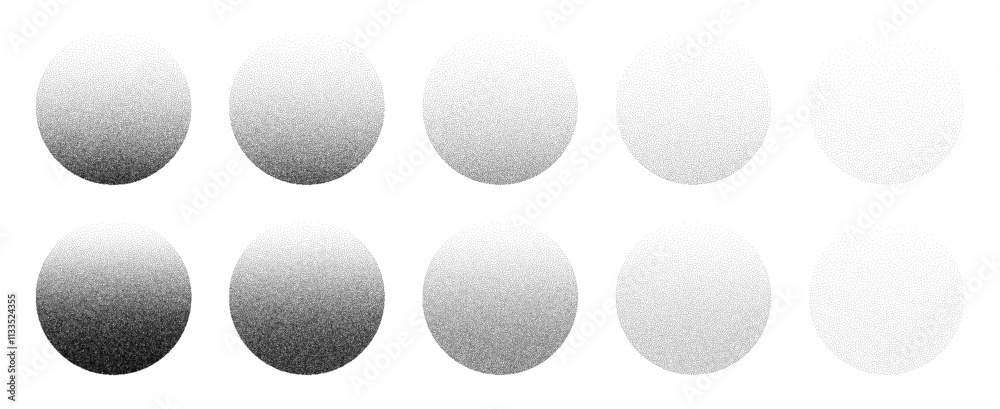 Grainy noise circles vector set. Dot grain texture circles. Abstract black spheres with gradient stipple pattern. Spray texture sand and dissolving circles. Vector illustration