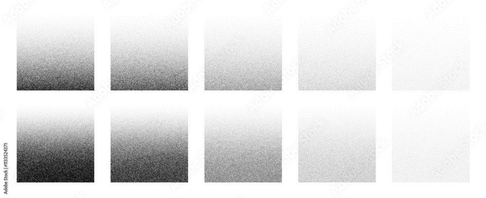 Grainy noise square vector set. Dot grain texture squares. Abstract black square with gradient stipple pattern. Spray texture sand and dissolving squares. Vector illustration