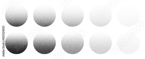 Grainy noise circles vector set. Dot grain texture circles. Abstract black spheres with gradient stipple pattern. Spray texture sand and dissolving circles. Vector illustration