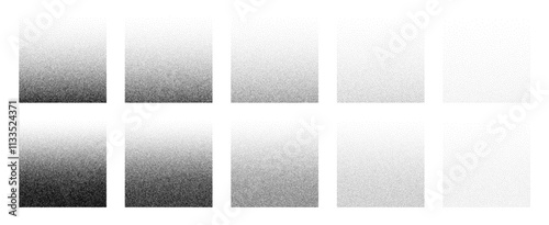 Grainy noise square vector set. Dot grain texture squares. Abstract black square with gradient stipple pattern. Spray texture sand and dissolving squares. Vector illustration