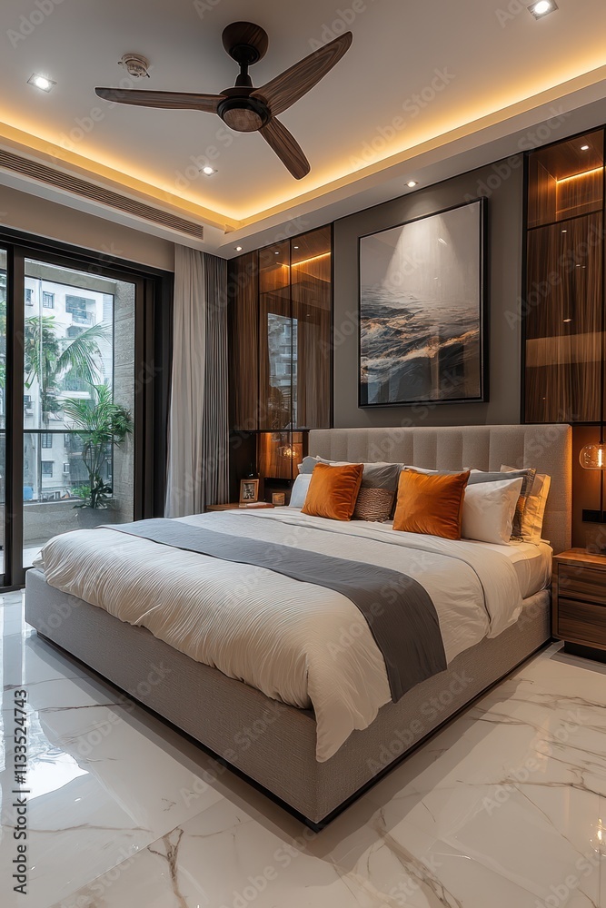 Fototapeta premium Modern bedroom with king-size bed, balcony view, and warm lighting.