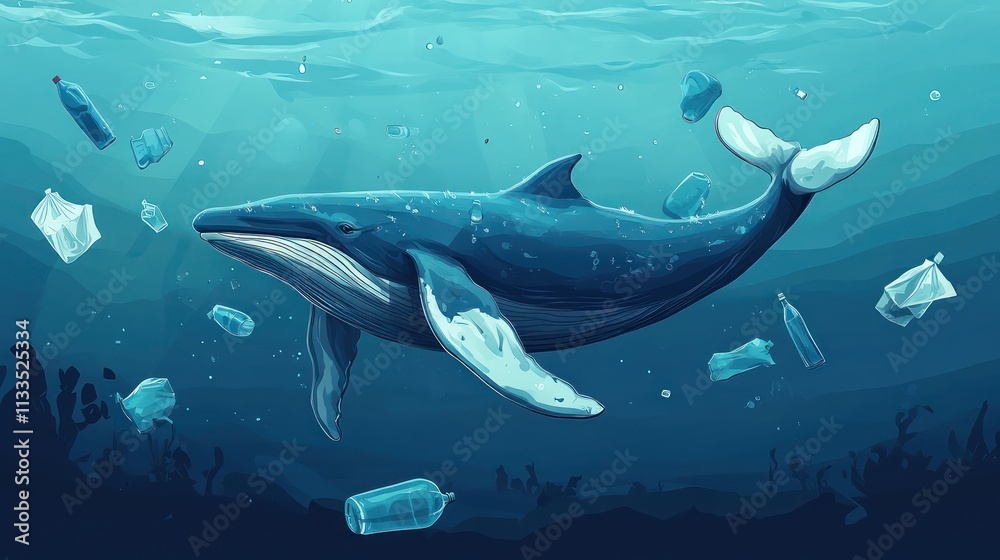 Obraz premium A cartoon whale swimming in a polluted ocean with plastic bags and bottles floating around it