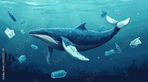 A cartoon whale swimming in a polluted ocean with plastic bags and bottles floating around it photo