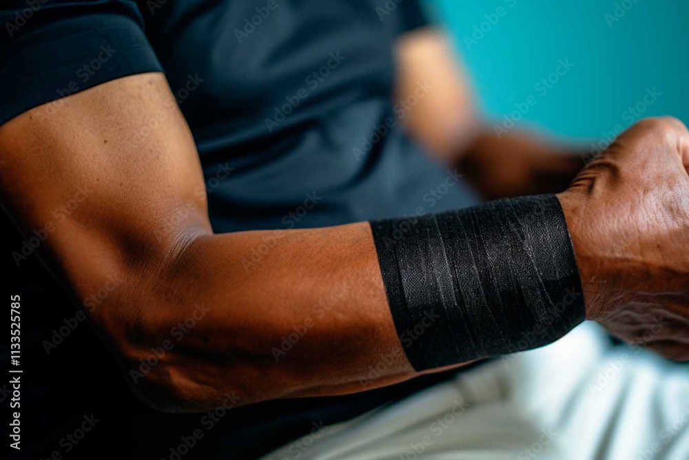 Person's wrist in a bandage from tendinitis caused by repetitive motion and ongoing pain. Person's wrist in a bandage from tendinitis caused by repetitive motion and ongoing pain.
