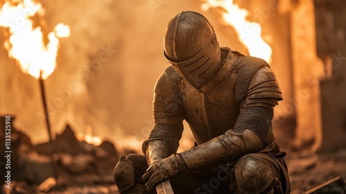 A medieval knight in full armor rests amidst burning ruins, highlighting bravery and resilience, with flames contrasting darkened skies above in a historic scene.
