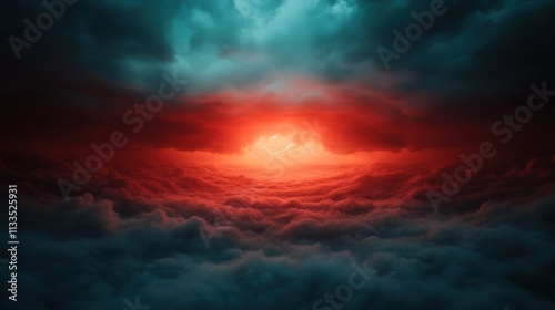 Thunderous lightning bolts illuminate ominous red clouds, creating a dramatic and powerful atmosphere filled with energy and intensity across the sky.