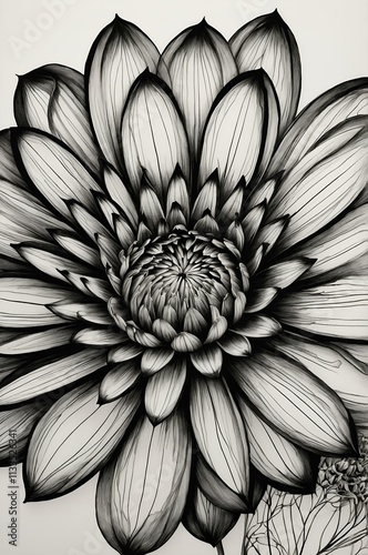 Intricate black and white illustration of a blooming flower with detailed petals and center