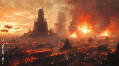 Burning futuristic city under fiery attack. photo