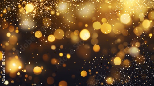 Golden dust shimmering bokeh. Glowing gold glitter particles abstract background, warn festive overlay