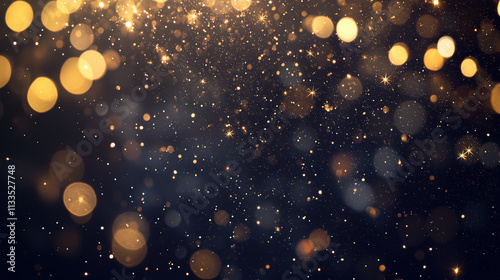Golden dust shimmering bokeh. Glowing gold glitter particles abstract background, warn festive overlay